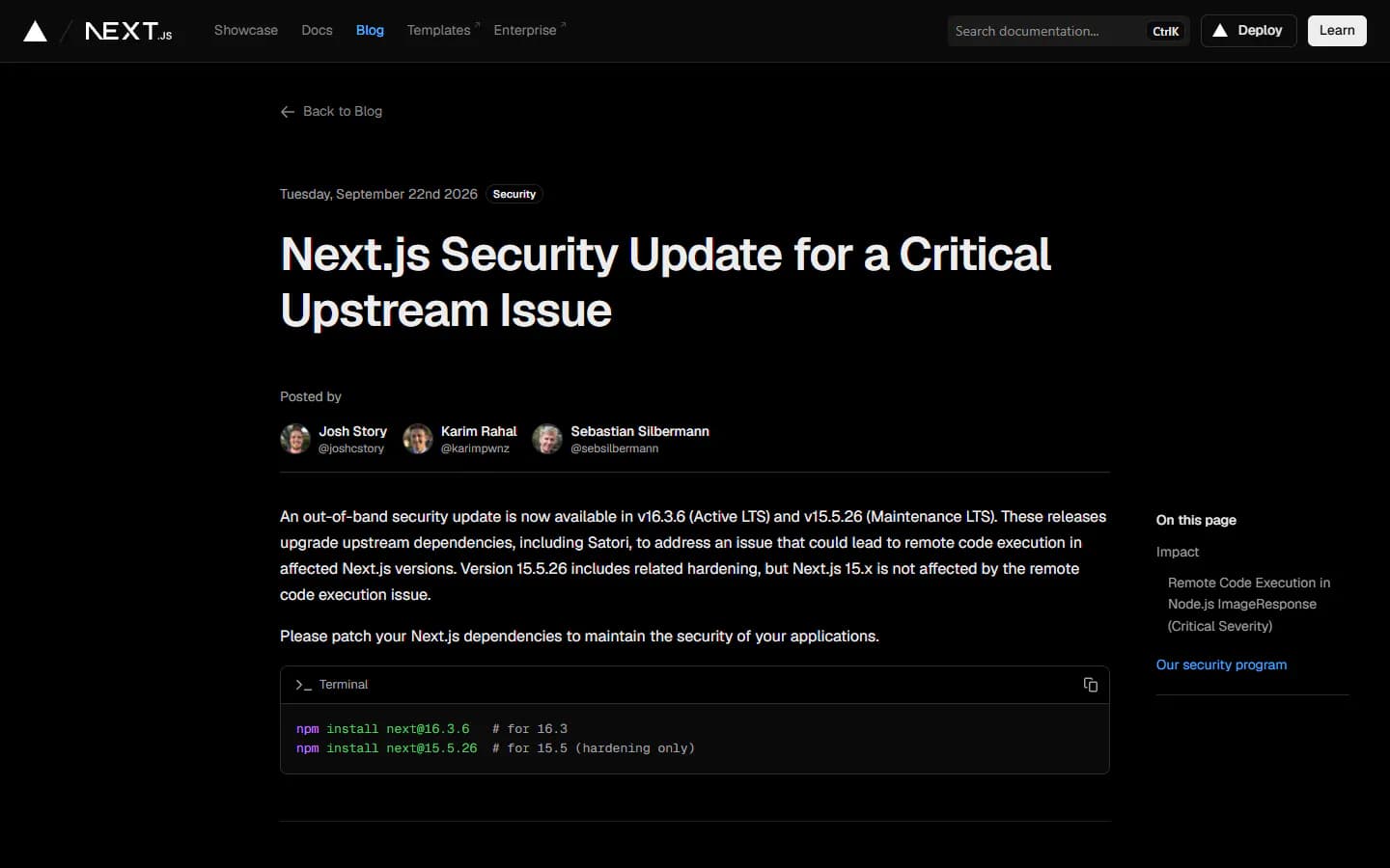 The official post: affected versions, the advisory IDs and the upgrade commands.