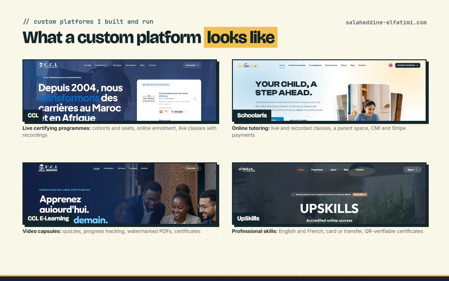 Four custom e-learning platforms: CCL, Schoolaris, CCL E-Learning and UpSkills, as they are live today.
