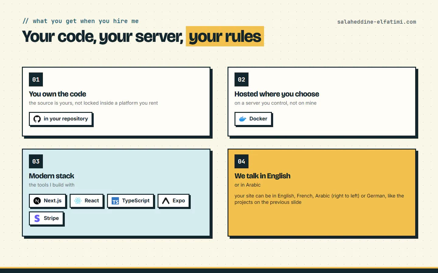 What you get when you hire me: your code, your server, a modern stack, and work in English or Arabic.