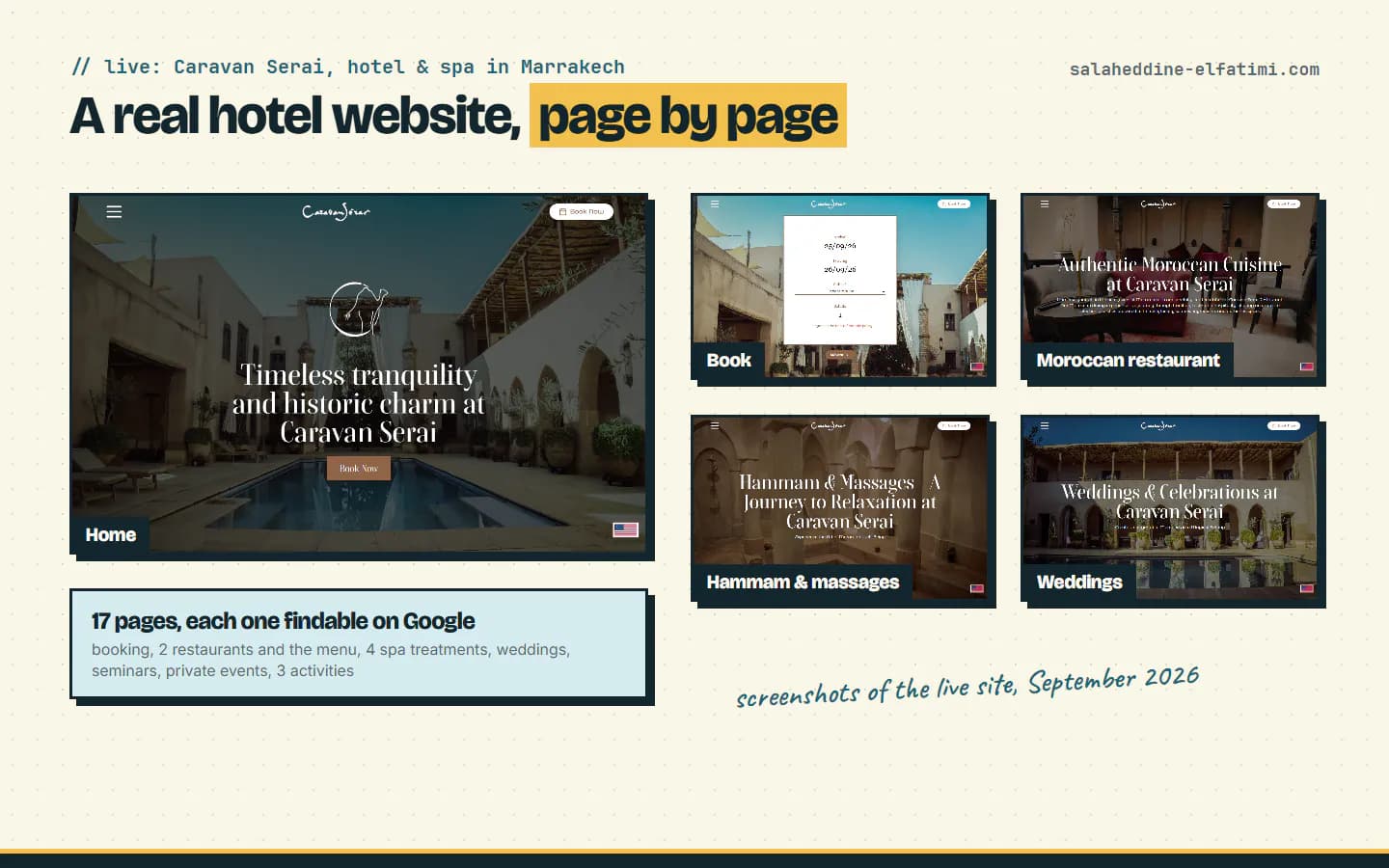 The Caravan Serai website in Marrakech: home, booking, Moroccan restaurant, hammam and weddings, each on its own page.