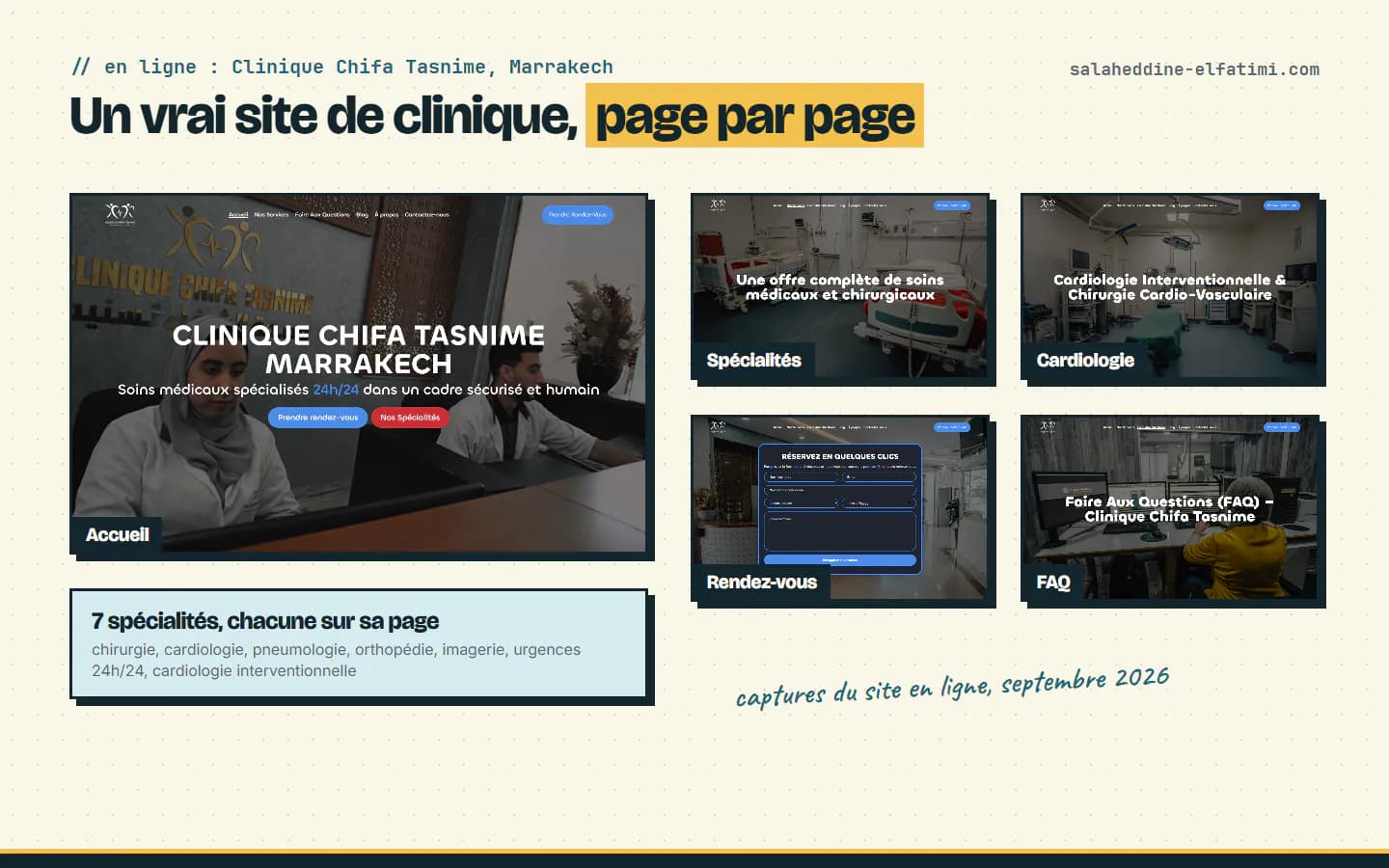 Le site de la Clinique Chifa Tasnime à Marrakech : accueil, spécialités, cardiologie, prise de rendez-vous et FAQ, chacun sur sa page.