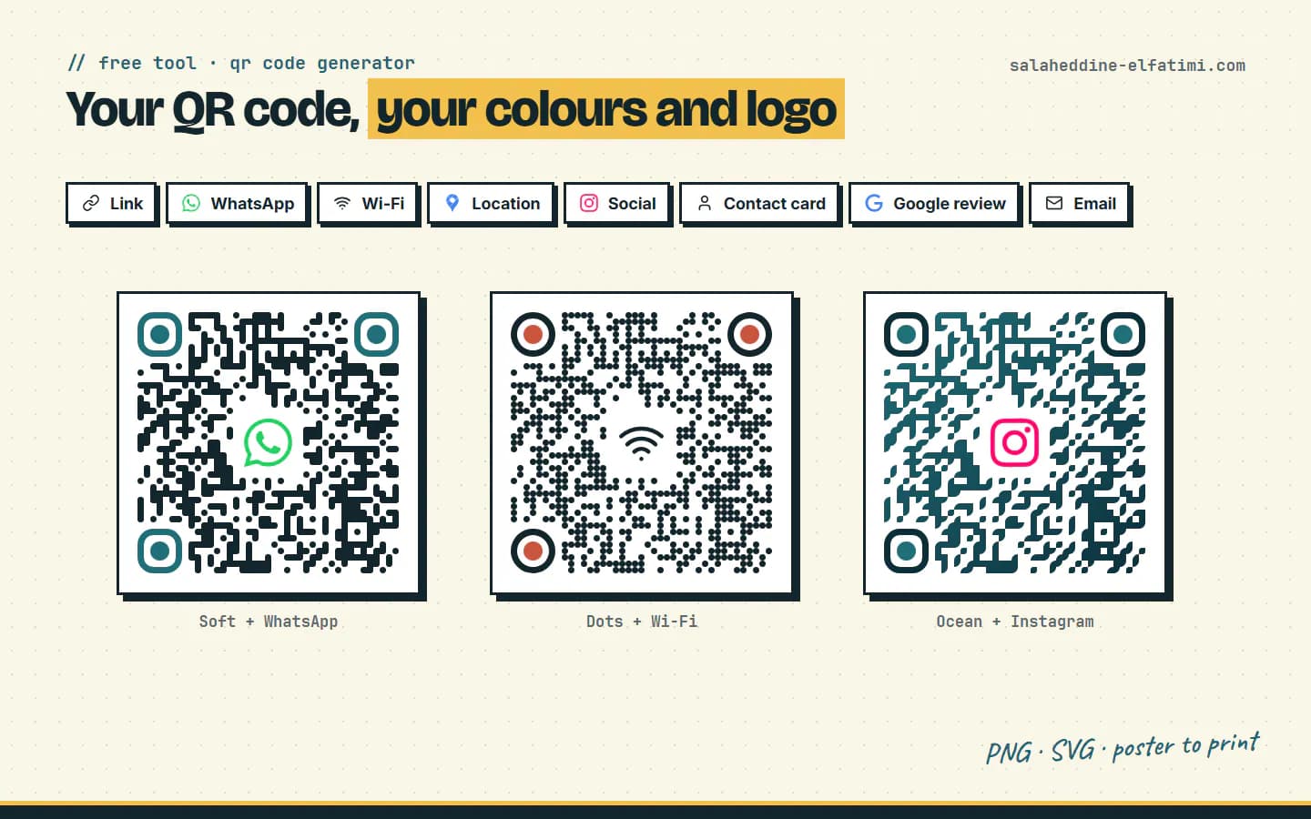انشاء QR code: ختار شنو كيحل الكود، زيّنو بالألوان واللوغو ديالك، واطبع ملصق