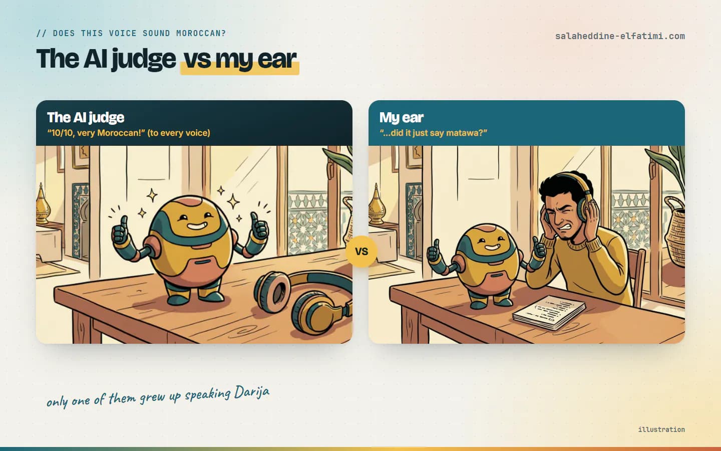 Illustration: an AI judge gives every voice 10/10, while the developer listening to it winces.