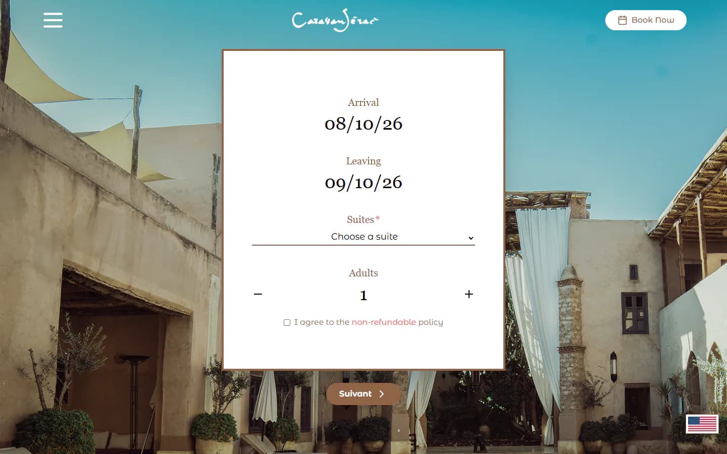 The booking page I built for Caravanserai Marrakech: guests request a stay straight from the hotel's own site.