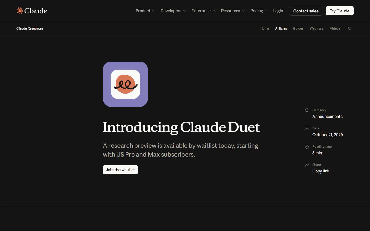 Anthropic's launch page for Claude Duet, 21 October 2026: a research preview by waitlist, starting with US Pro and Max subscribers.