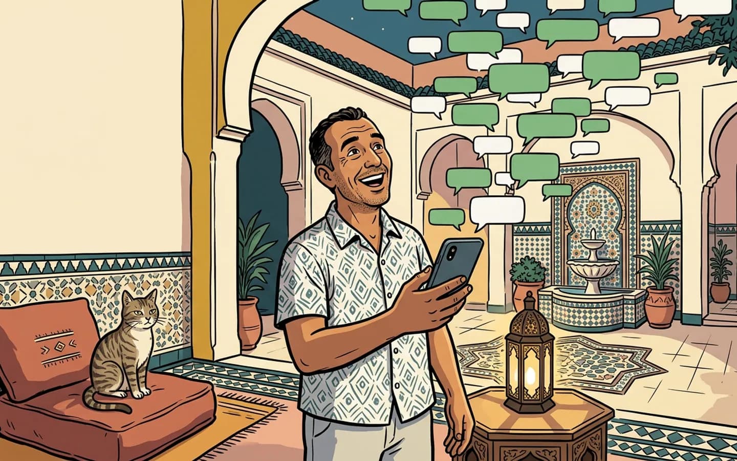 A Saturday night at a small riad: the booking requests keep coming, all in WhatsApp. Illustration.