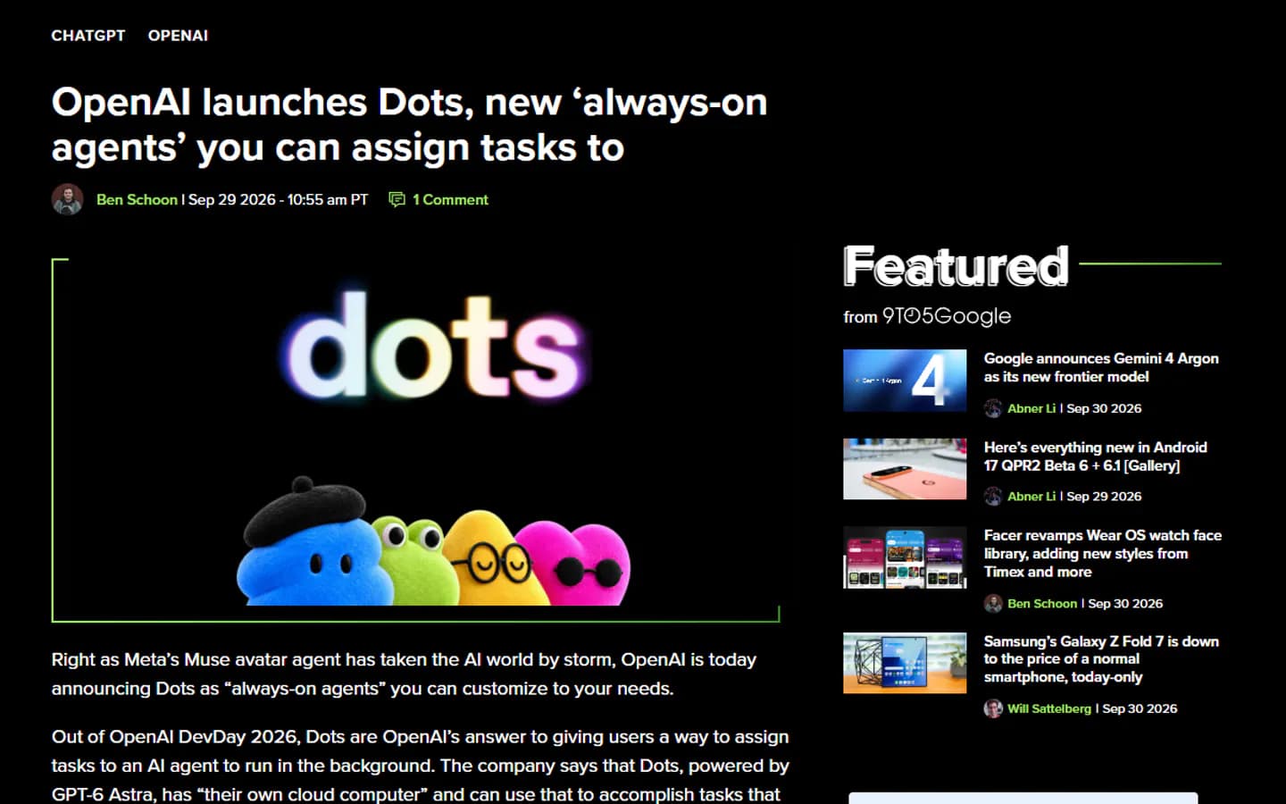 The launch as covered by 9to5Google on 29 September 2026, with OpenAI's dots characters.