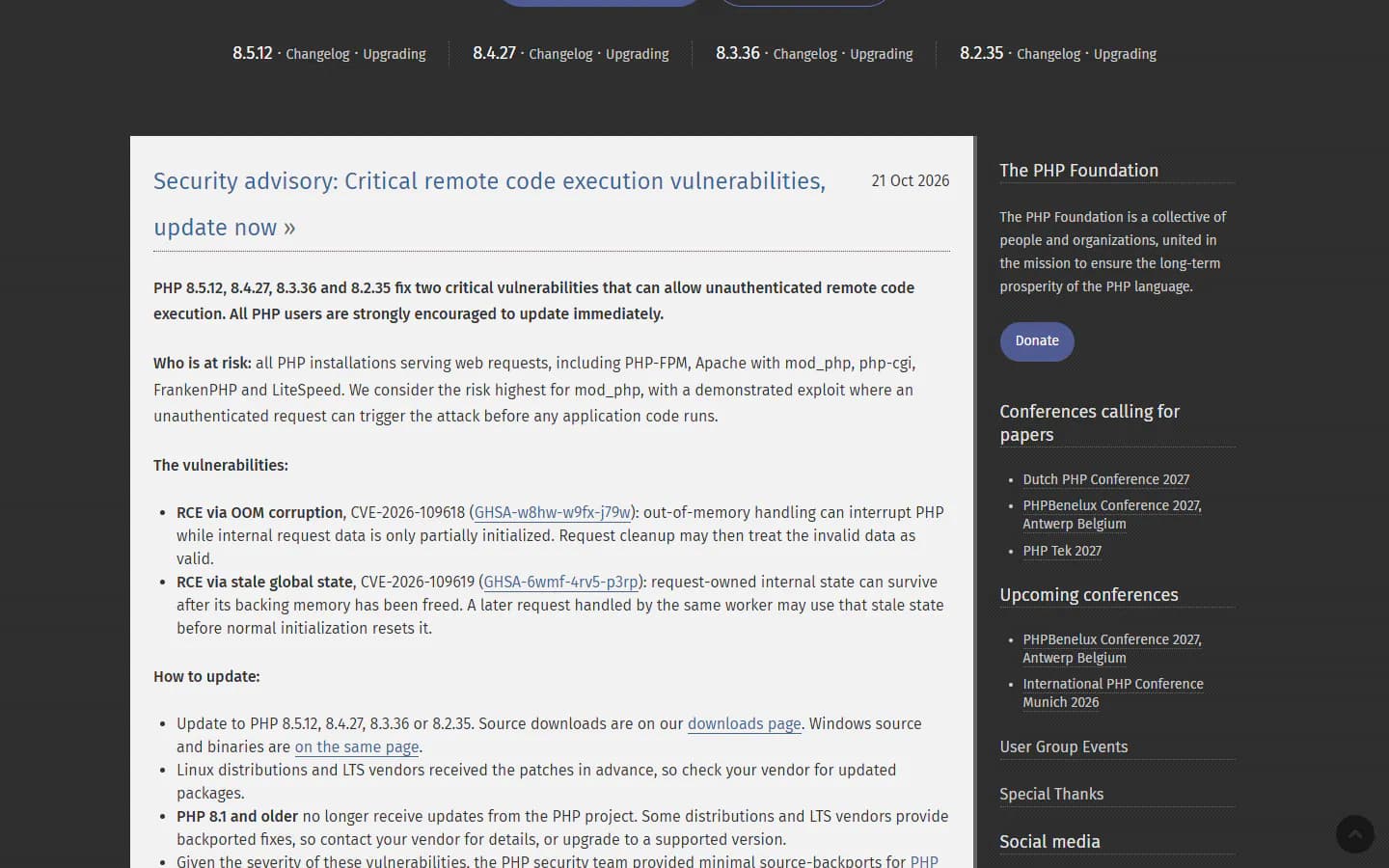 PHP's security advisory on php.net, 21 October 2026: "Critical remote code execution vulnerabilities, update now".