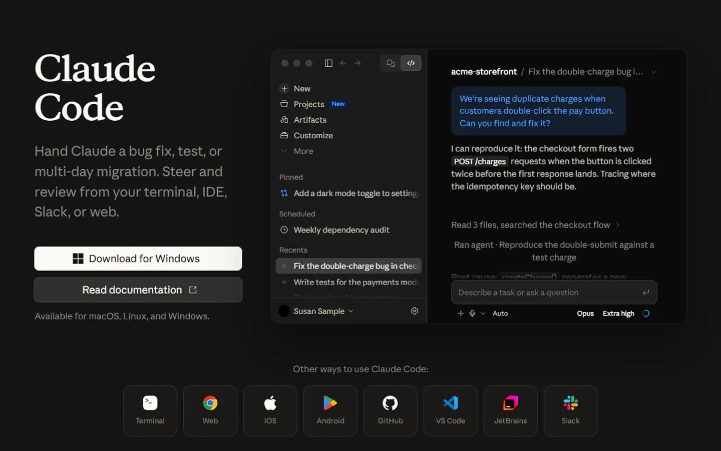Anthropic's Claude Code page, 24 October 2026: available for macOS, Linux and Windows, and in the terminal, web, iOS, Android, GitHub, VS Code, JetBrains and Slack.