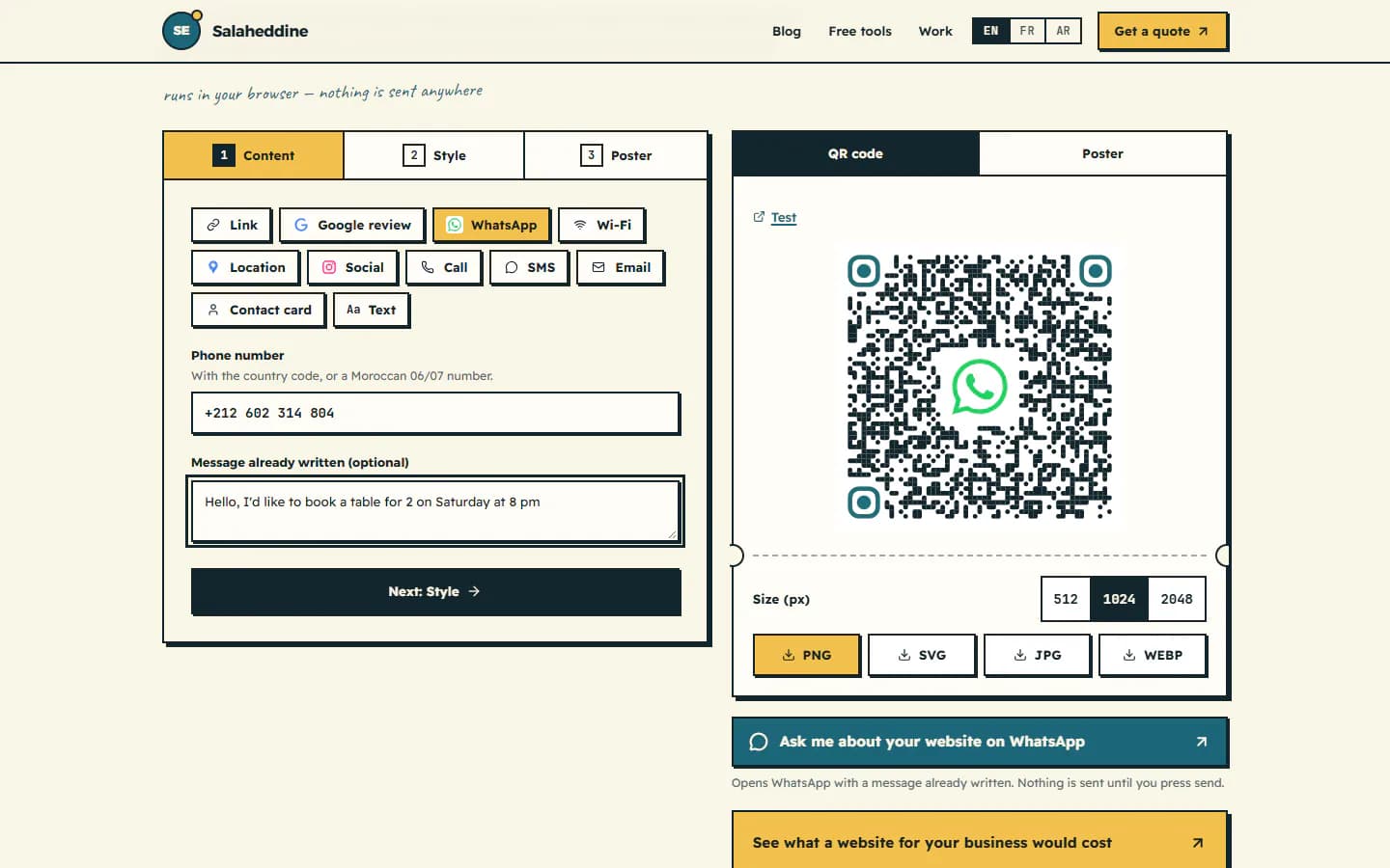 The WhatsApp mode of my free QR code generator: a number, a booking message already written, and the QR code to print.