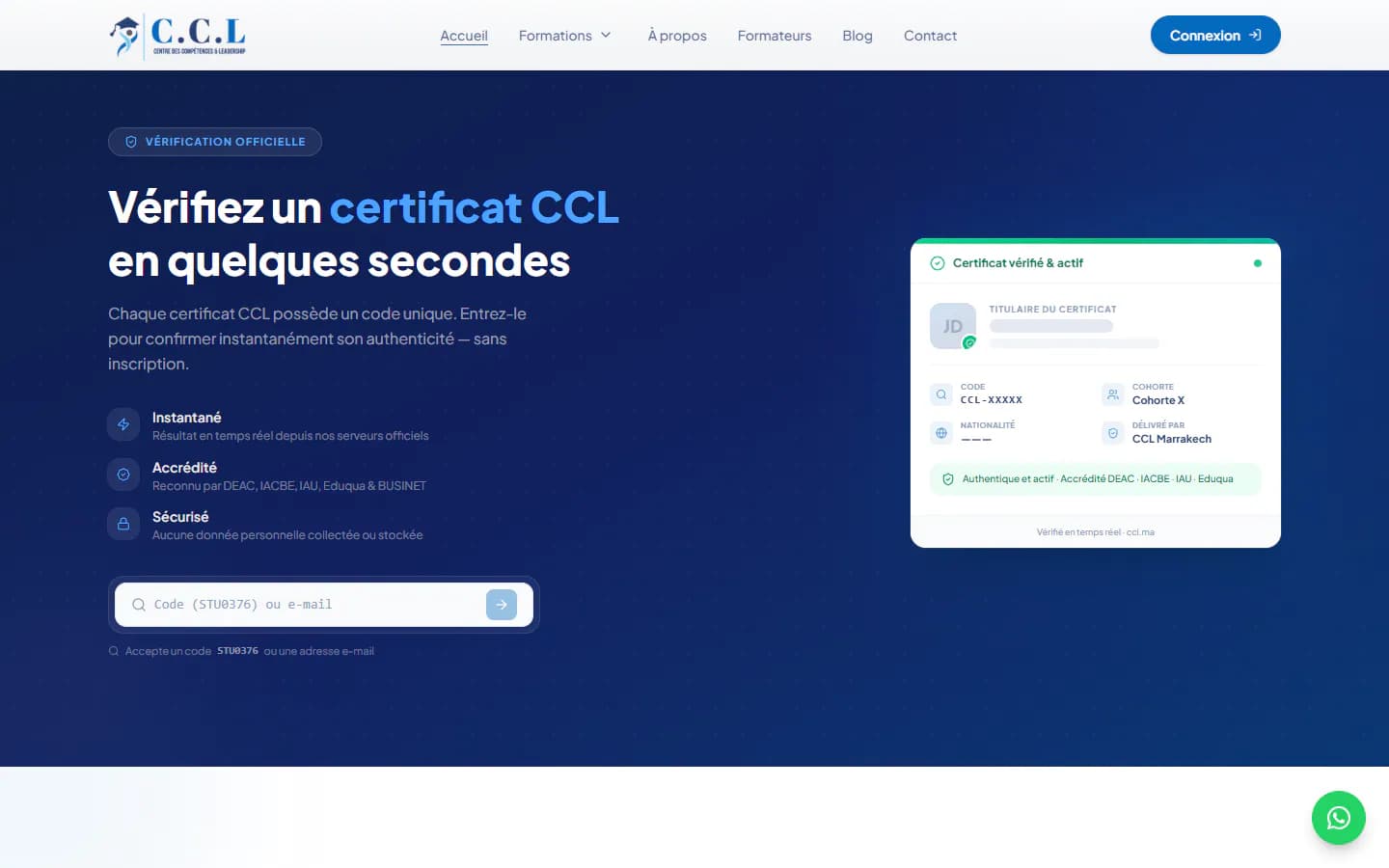 CCL's certificate verification section on ccl.ma: one field for the code or email, and a sample result card with placeholder data (holder, code, cohort, issuer).
