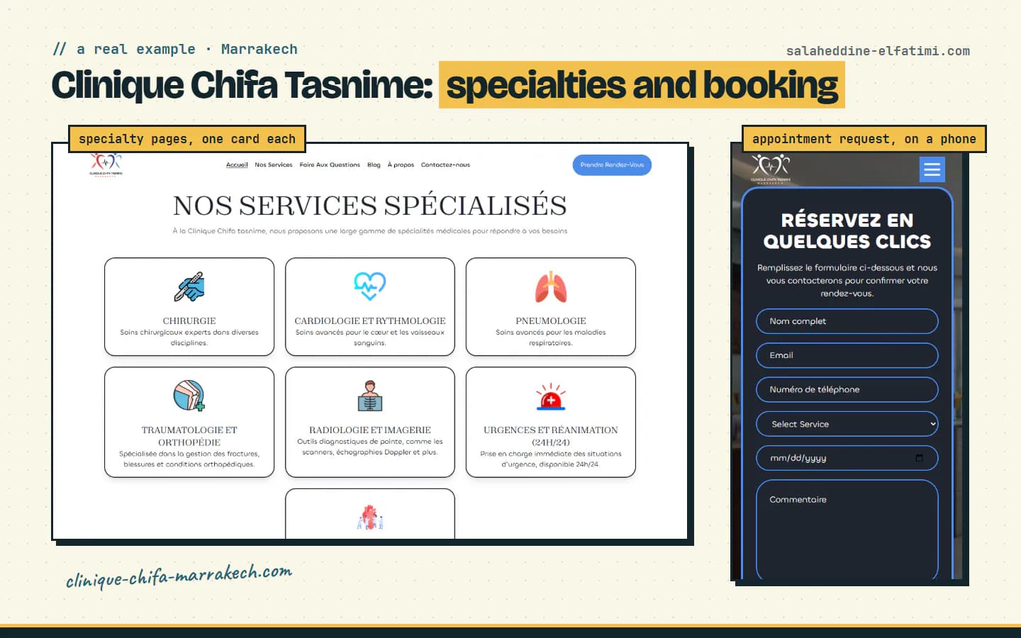 The live Clinique Chifa Tasnime site: each specialty has its own card and page, and the appointment request works on a phone.