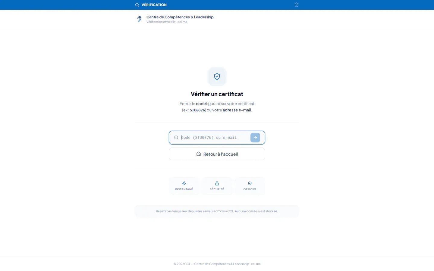 The public certificate check on ccl.ma: type the code printed on the certificate, or an email address, and get the result from CCL's servers.