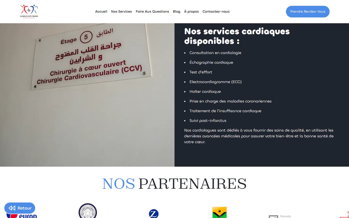 A specialty page on the live Clinique Chifa Tasnime site: the cardiology services listed one by one, in French, with booking in the menu.