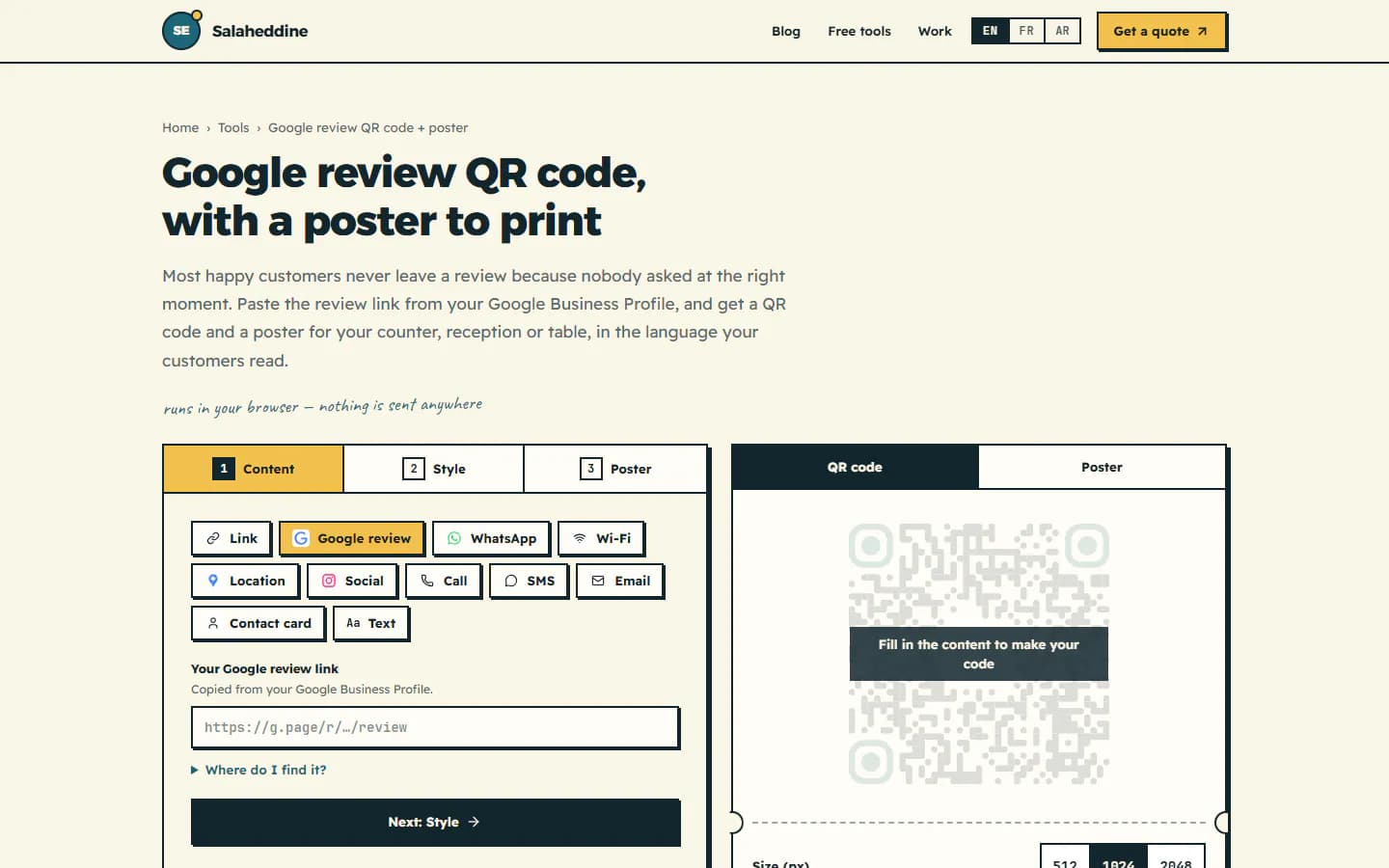 The free Google review QR code tool: paste the link from your Business Profile, style the code, then print the poster.