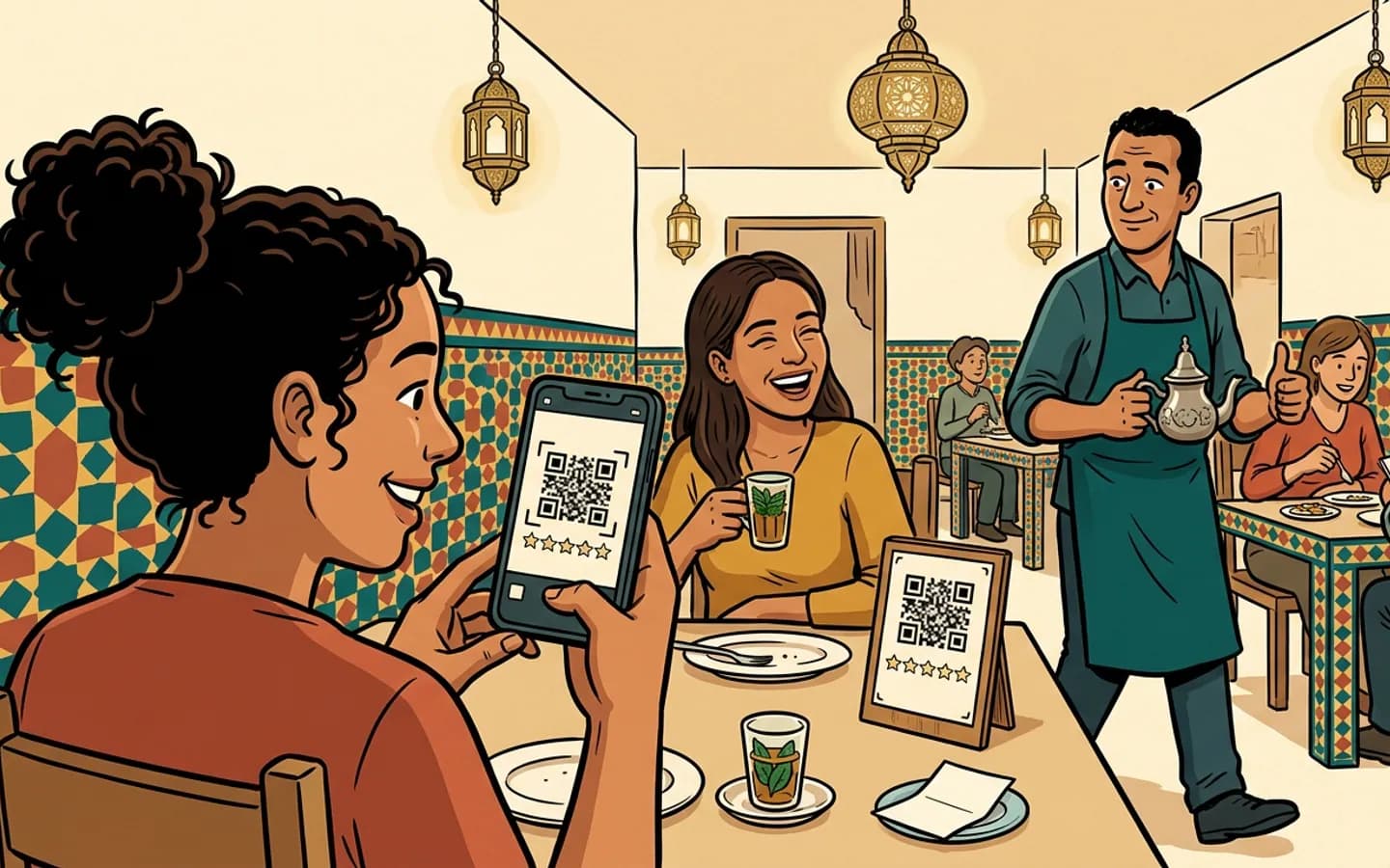 The right moment to ask: the meal is over, the phone is already out, and a QR code on the table does the asking. Illustration.
