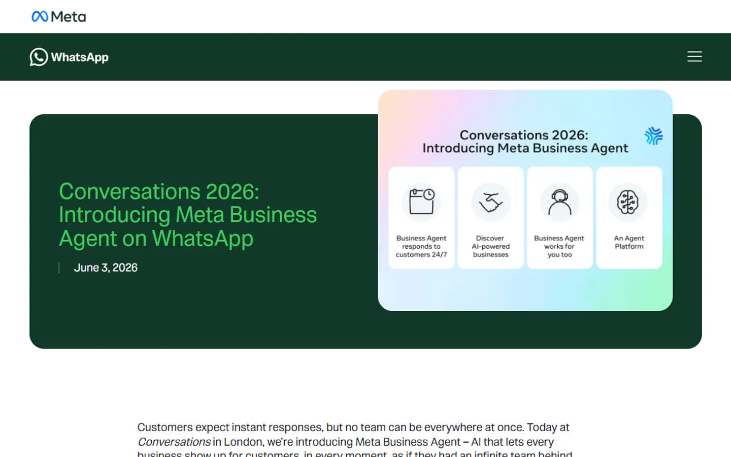 Meta's announcement of Business Agent on WhatsApp, dated 3 June 2026.