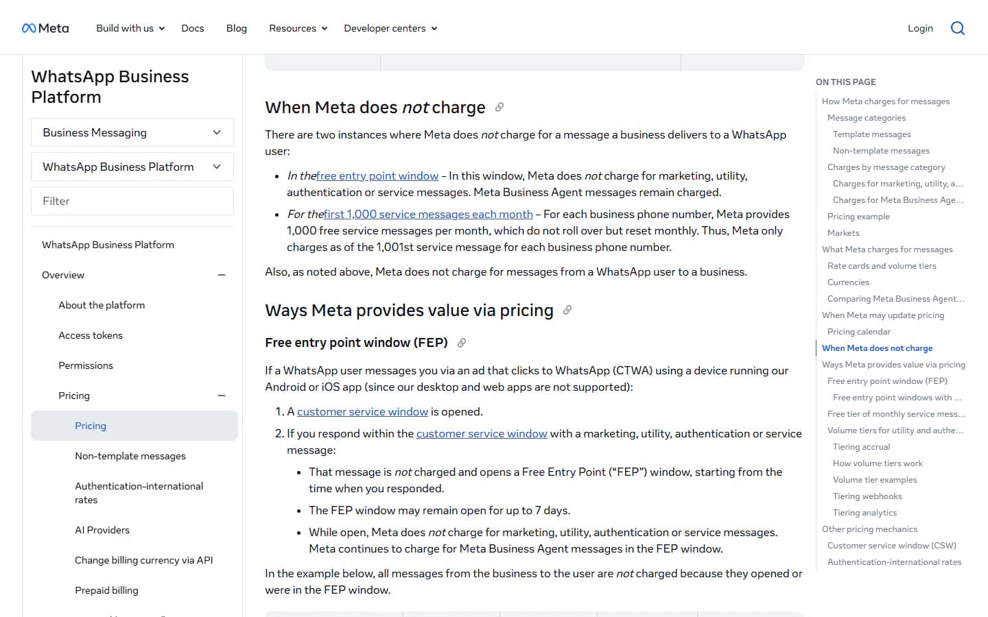 Meta's pricing page: 1,000 free service messages per month for each business phone number, charged from the 1,001st.