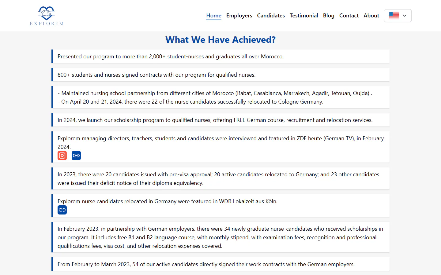 "What We Have Achieved": the agency's milestones, each linked to its news post.