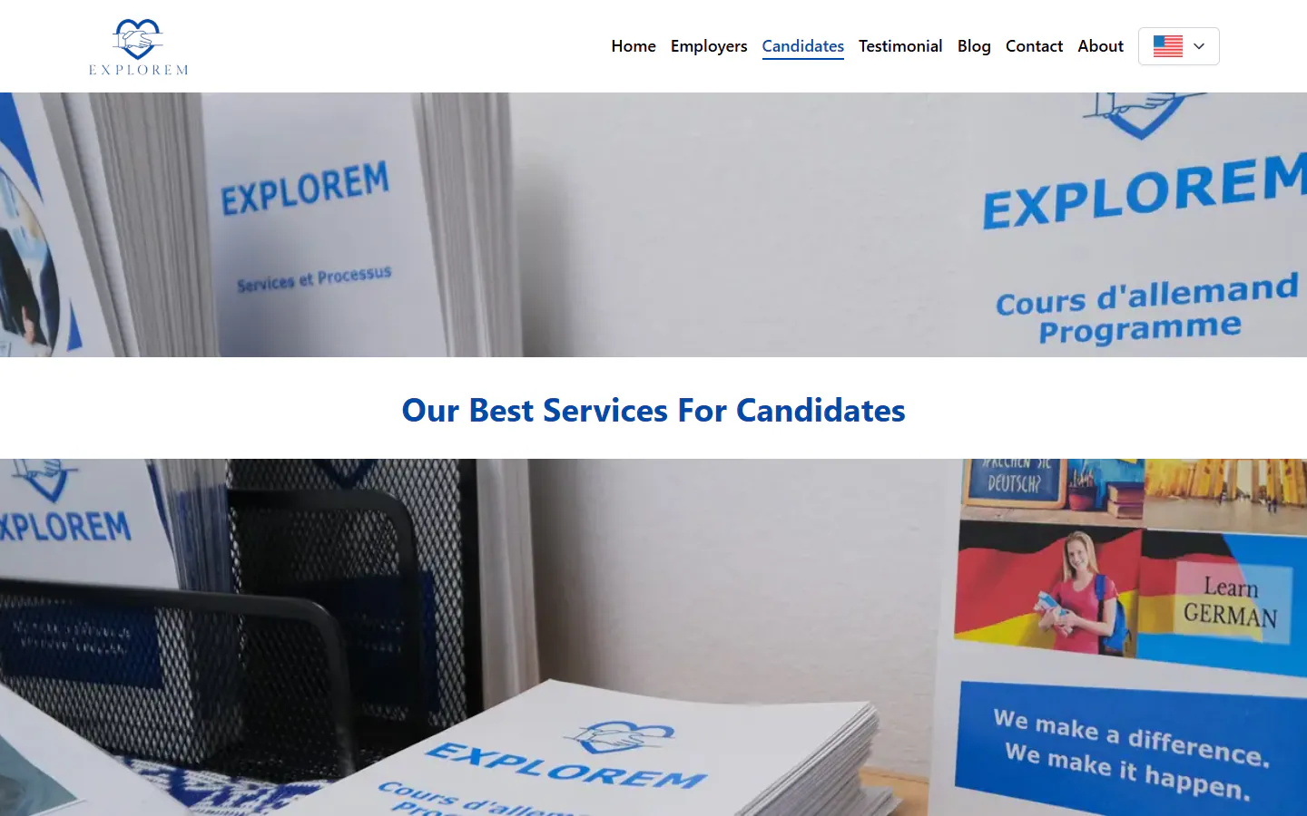 The candidate services page: training, placement, recognition and onboarding, step by step.