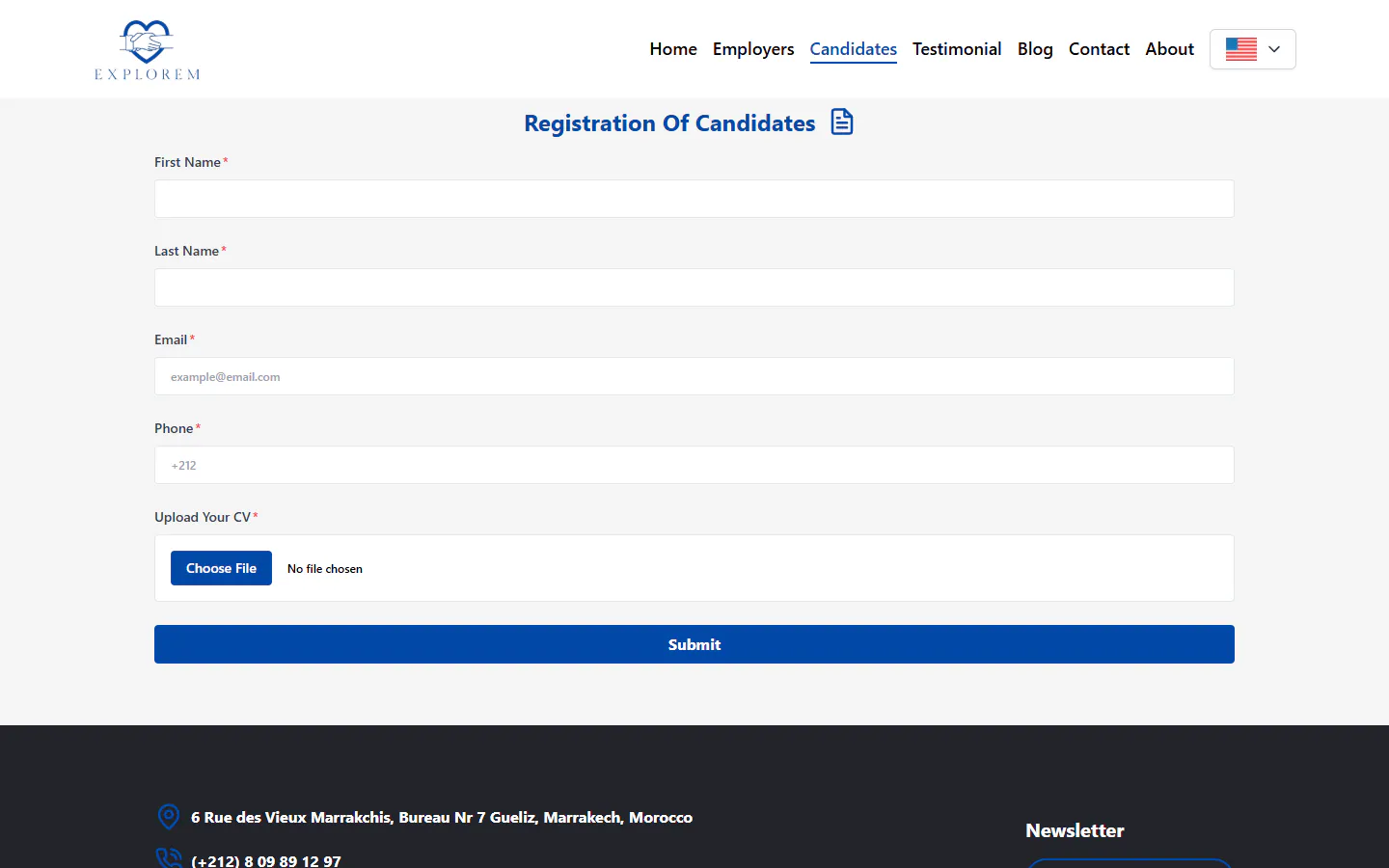 Candidate registration: four fields and a CV upload.