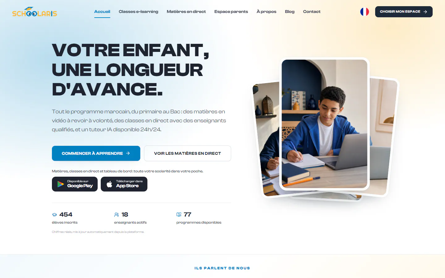 Schoolaris homepage: online tutoring for Moroccan pupils from collège to the bac