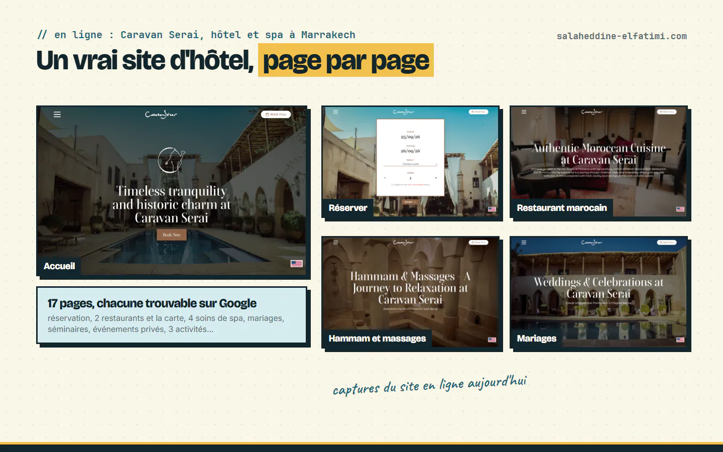 Le site de Caravan Serai à Marrakech : accueil, réservation, restaurant marocain, hammam et mariages, chacun sur sa propre page.