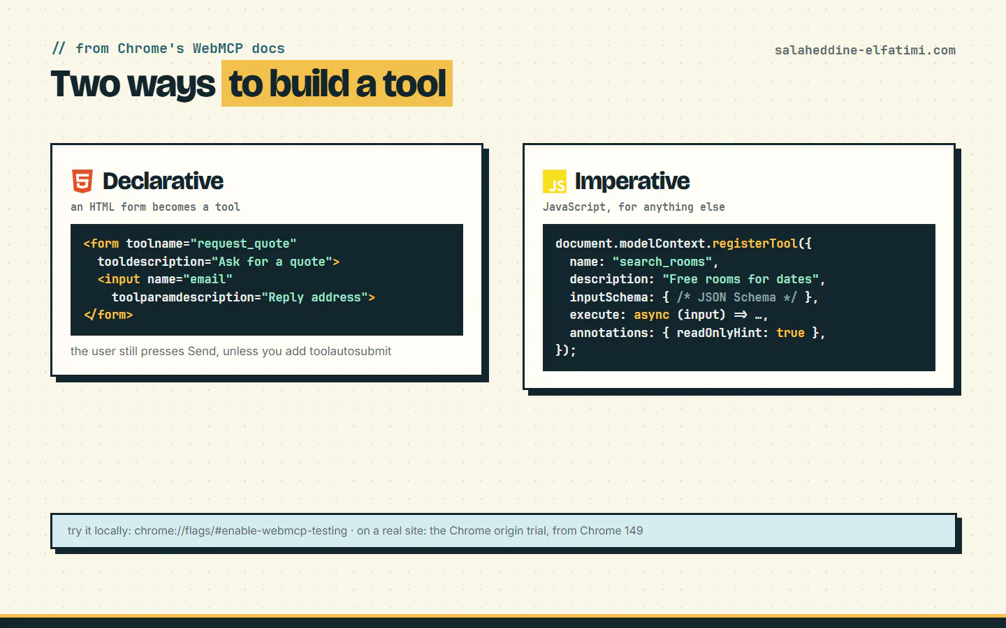 The two ways to build a WebMCP tool: HTML form attributes, or JavaScript with document.modelContext.registerTool.